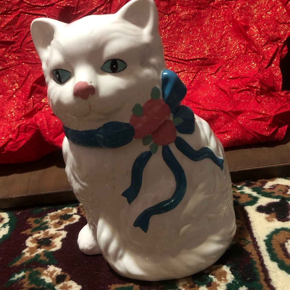 Charming White and Blue Cat  with Ribbons cookie jar. Vintage ceramic cookie